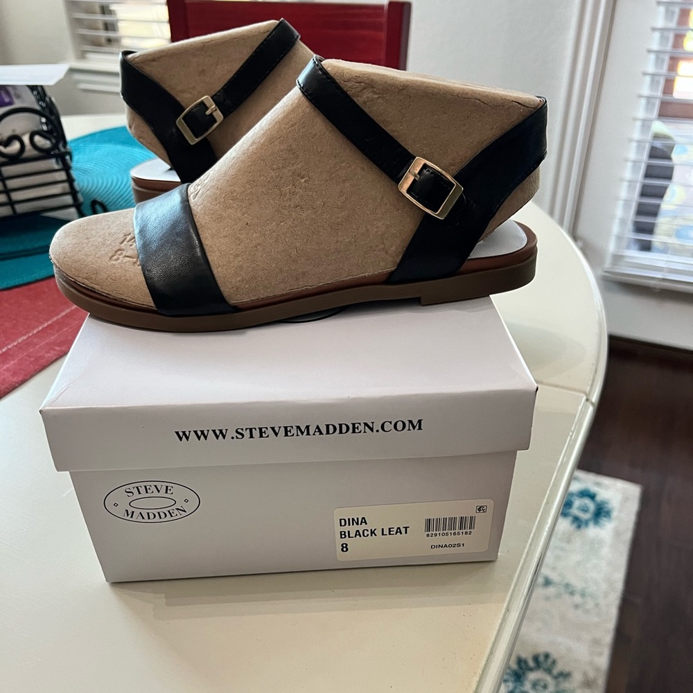 NWT Steve Madden Dina Leather Sandals Black Size 8